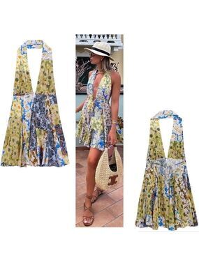 Zara Floral Daisy Printed Halter Mini Dress Size XL Bloggers Bohemian Holiday